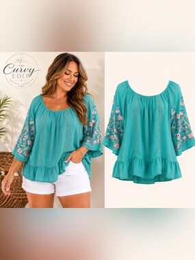 Zac & Rachel Woman 3X Embroidered Boho Peasant Top Beachy Coastal Summer